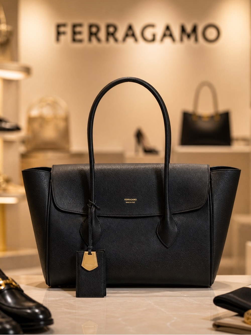 🌸Ferragamo East -West Tote XL in black calfskin leather old money quiet luxury